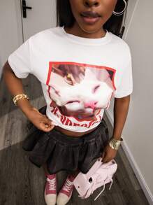 Noixe Grappig T-shirt met kattenpatroon, schattig kattenliefhebber casual dames T-shirt grafische T-shirts dames tops