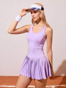 CourtClass 女式交叉露背百褶下摆修身运动连衣裙，夏季 - 紫色 - 查看 4