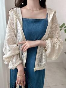 FRIFUL 女士连帽落肩长袖拉链下摆蕾丝透视宽松休闲常规外套，适合外出、机场旅行、度假等场合。 - 白色 - 查看 2
