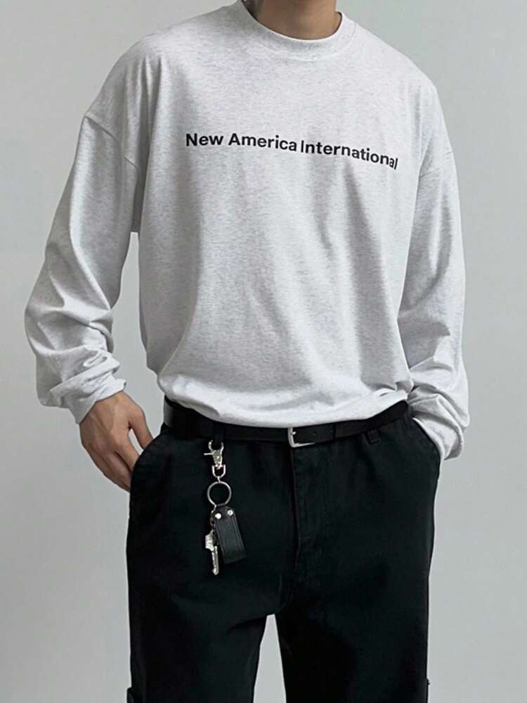 Men's Letter Print Gray Crew Neck Long Sleeve T-Shirt, Autumn