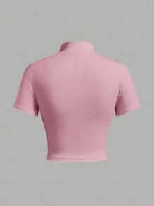 SHEIN Sports XH060 运动瑜伽瘦身跑步户外T恤女式运动上衣粉色健身上衣拉链健身上衣修身衬衫健身房衬衫 - 粉色 - 查看 2