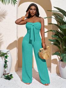 Slaydiva 新款春夏休闲度假性感优雅抹胸蝴蝶结直筒阔腿超长裤橙色针织女式连体裤 - 薄荷藍 - 查看 4