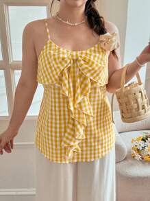 SHEIN LUNE Plus Size Women Yellow & White Plaid Ruffle Strap Back Cami Top Fall Country Concert Vintage Teacher Butter Yellow Top, 90s Back To School Homecoming Cute Streetwear Going Out