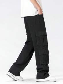 Teen Boy Casual Black Straight Leg Cargo Jeans Thanksgiving , School, Campus, College Chic For Autumn/Winter Fall - Black - View 5