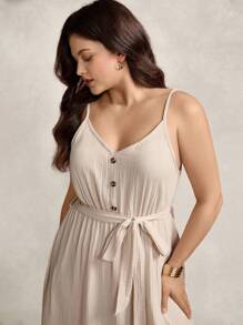 Zelara Plus Size Women's Apricot Textured Fabric Side Split Long Dress Comfortable Cotton Navycore Outfits - Apricot - View 4