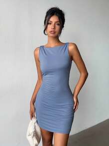 INAWLY 女士优雅纯色无袖修身连衣裙，夏季 - 藍色 - 查看 3