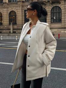 DAZY 女士白色精致优雅束腰中长款厚棉袄，成熟淑女风冬季外套 - 白色 - 查看 9