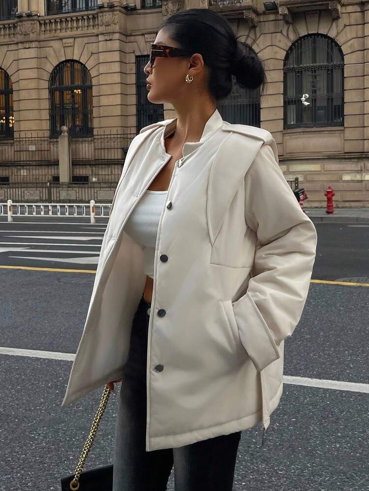 Women's White Refined Elegant Cinched Waist Medium-Long Thick Padded Jacket, Mature Lady Style Winter Coat