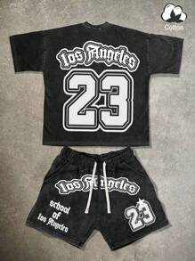 Manfinity EMRG Summer Men's Cotton Letter Print Drawstring Shorts And T-Shirt Set, Casual Street Style Outfit - Multicolor - View 1