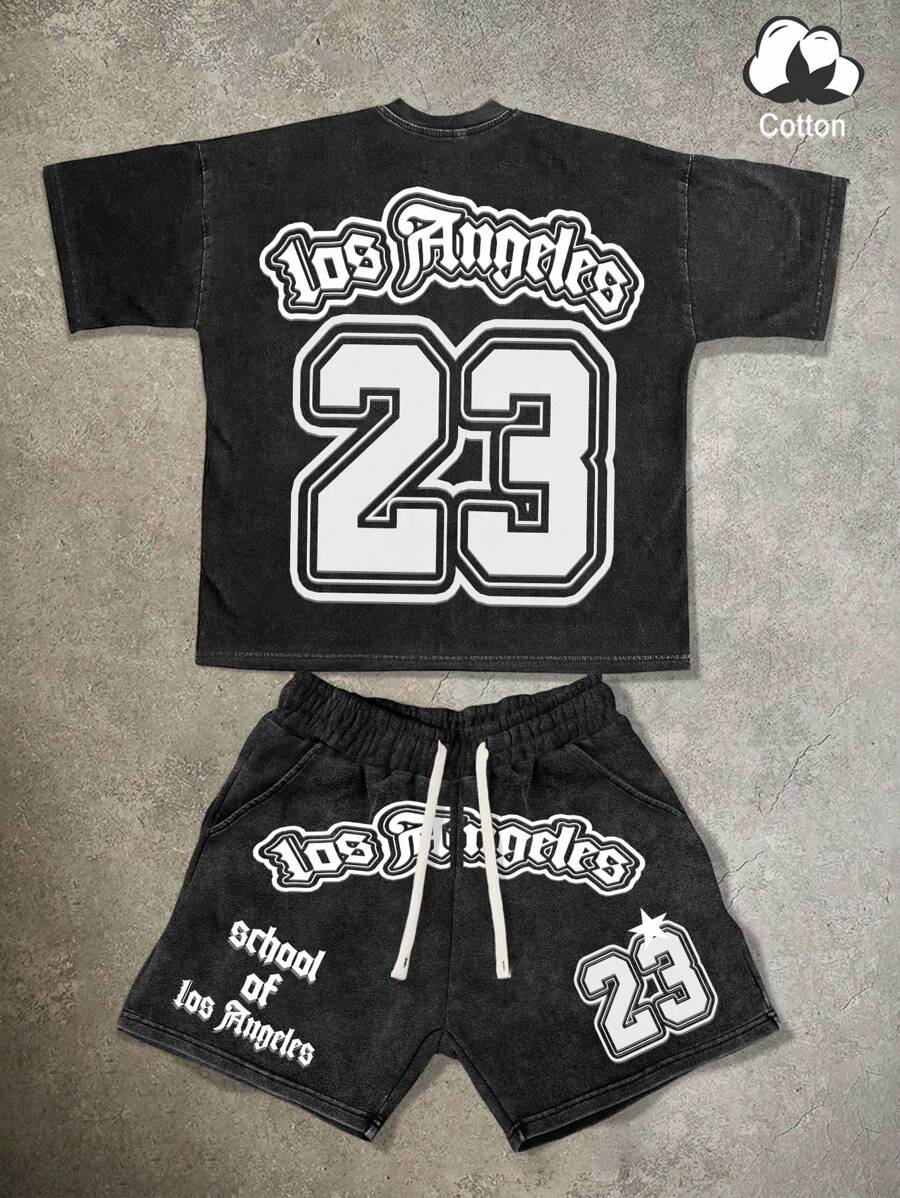 Manfinity EMRG Summer Men's Cotton Letter Print Drawstring Shorts And T-Shirt Set, Casual Street Style Outfit - Multicolor - View 1