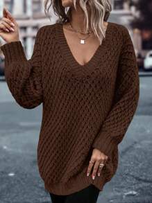 SHEIN LUNE Women's Casual Vacation Plain V-Neck Drop Shoulder Loose Pullover Sweater Knit Pullover Fall Winter - Brown - View 4