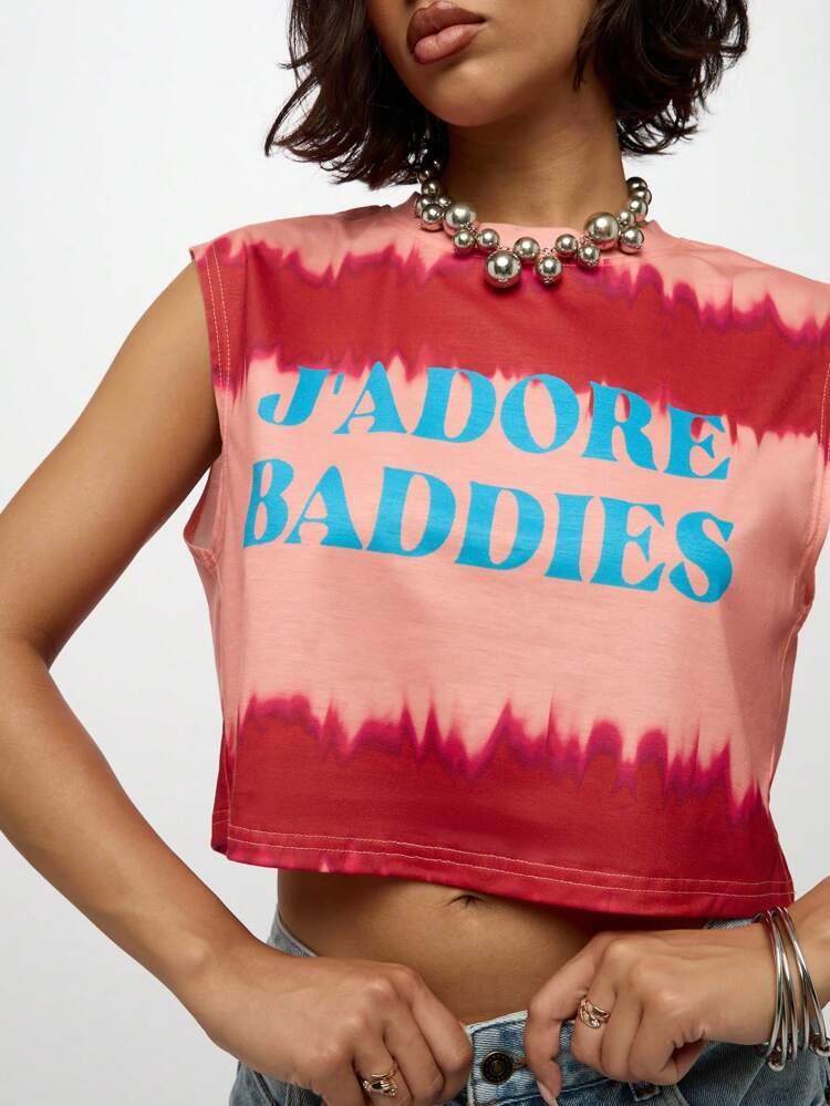SUMWON WOMEN Sleeveless Tie Dye Crop Top With Text Print