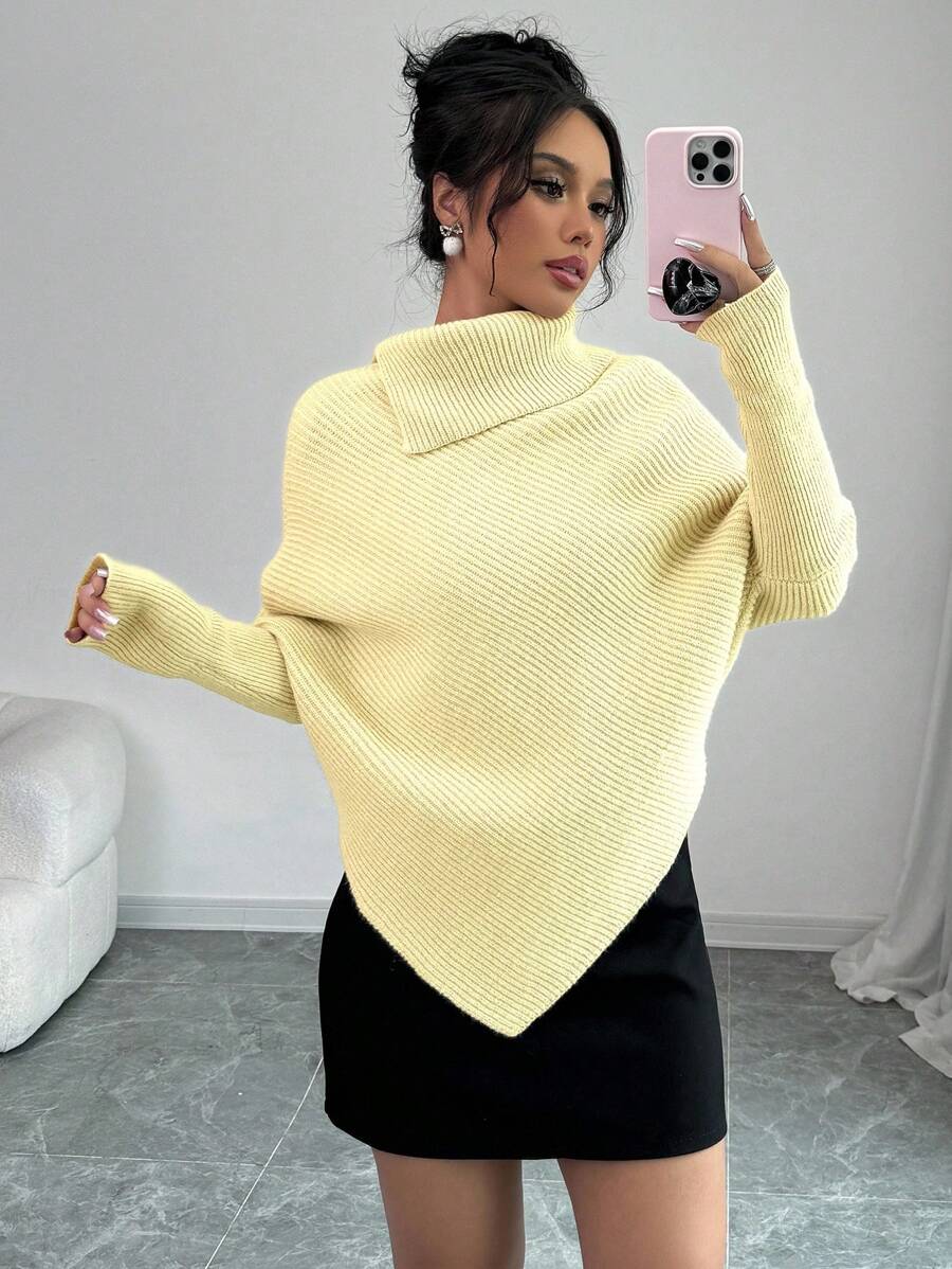 SHEIN Elenzya 女式不对称蝙蝠袖高领纯色经典针织毛衣，适合秋冬季，时尚百搭，适合假期和度假，黄色毛衣淡黄色上衣黄色围脖领毛衣黄油黄色毛衣女式毛衣针织套头衫秋季 - Butter Yellow - 查看 1