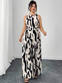 Ellevyn Bộ đồ liền thân ống rộng in họa tiết bó sát, thoải mái, thường ngày cỡ lớn mùa hè dành cho nữ - Đen và trắng - Xem 4