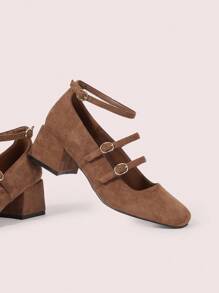 CUCCOO DOLLMOD Braune Wildleder Mary Jane Schuhe, modischer Schulmädchen-Stil mit mehreren Riemen und klobigen Absätzen - Braun - Übersicht 2