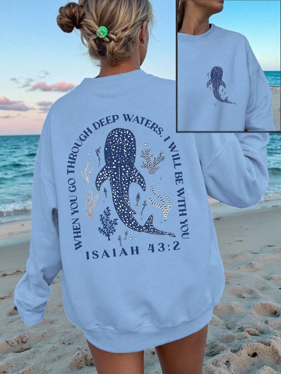 SHEIN EZwear 休閒極簡風藍色度假海灘鯊魚印花圓領長袖寬鬆女款運動衫，適合秋冬穿著 - 霧霾藍 - 查看 1