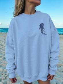 SHEIN EZwear 休閒極簡風藍色度假海灘鯊魚印花圓領長袖寬鬆女款運動衫，適合秋冬穿著 - 霧霾藍 - 查看 2