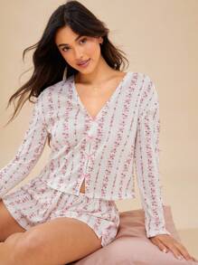 WESTFADE Striped Floral Print Pointelle V Neck Bow Front Long Sleeve Lounge Top Summer Boho Cowgirl Beach Vacation - Multicolor - View 3