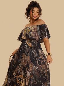 Travachic Rochie de damă plus size cu imprimeu boem Paisley și umeri goi, cu tiv cu volane, stil casual de vacanță, toamnă - Negru - Vizualizare 5
