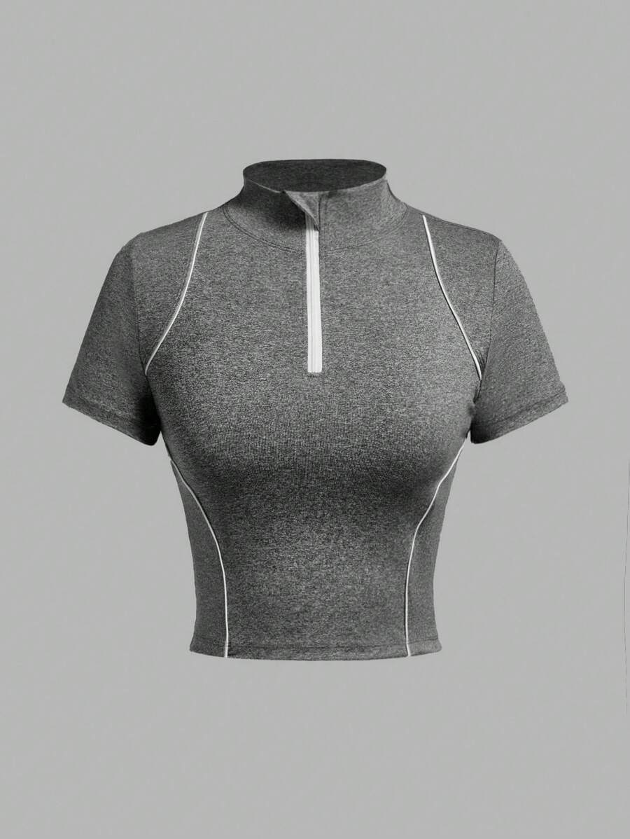 Exploreva Áo thun nữ tay ngắn cổ đứng, khóa kéo, cài khuy một phần, thích hợp cho thể thao, yoga, chạy bộ, hoạt động ngoài trời. - Màu xám đen - Xem 1