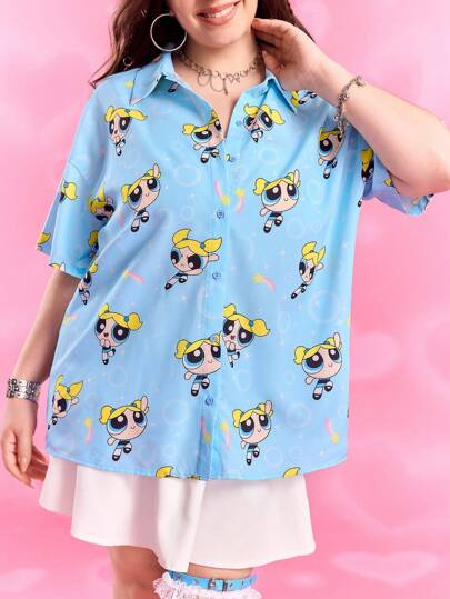 THE POWERPUFF GIRLS X SHEIN Camisa de manga corta con botones delanteros y estampado de burbujas, talla grande, color azul