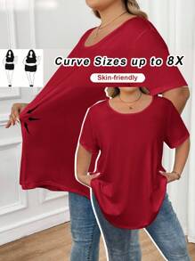 SHEIN CURVE+ 女士加大码秋冬休闲宽松纯色短袖T恤，舒适简约，适合日常穿着和假日穿着。 - 酒紅色 - 查看 1