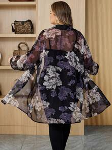 SHEIN CURVE+ 曲线加大码/秋季女装/冬季女装/冬季加大码女式浪漫休闲日常衬衫，飘逸长袖衬衫，商务休闲装，办公室装，教师装，飘逸上衣加大码透明 8xl 女式加大码花卉和服曲线和服/秋季/冬季 - 彩色 - 查看 2