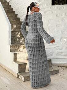 EURMUSE Váy Maxi Jacquard tay chuông màu trơn dành cho nữ - Xám - Xem 2