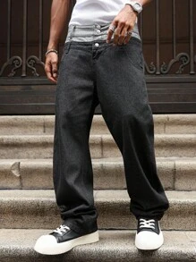 PAVTROS Manfinity Streetrush Men's Black Wide Waistband Material Reverse Car Design Loose Straight Pants, Spring/Summer Baggy Jeans Men Wide Leg - Black - View 3
