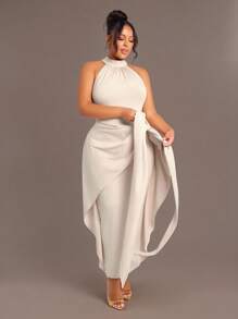 Radiana Đầm cổ yếm thanh lịch màu trơn cỡ lớn cho nữ, thiết kế xoắn eo thời trang, mùa xuân/hè - Màu be - Xem 3