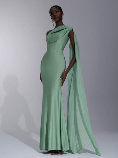 Elitara Summer And Autumn Elegant Romantic Light Green Oblique Shoulder Ring Collar Halter Neck Floating Piece Swing Collar Slim Fishtail Suitable For Wedding Events Dating Party Dance Holiday  Back To School  Wedding Event Bridesmaid Dress  Birthday Dresses For Women