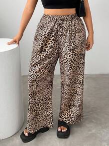 SHEIN EZwear Pantalon de vacances décontracté grande taille à imprimé animalier rétro à jambes larges - Tabac - Voir 3