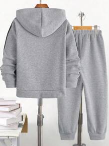 Vacaura 2pcs/Set Tween BoyCasual Sports Outfit, Hoodie Jacket With Side Print And Drawstring Waist Long Pants, Autumn/Winter Fall - Grey - View 2