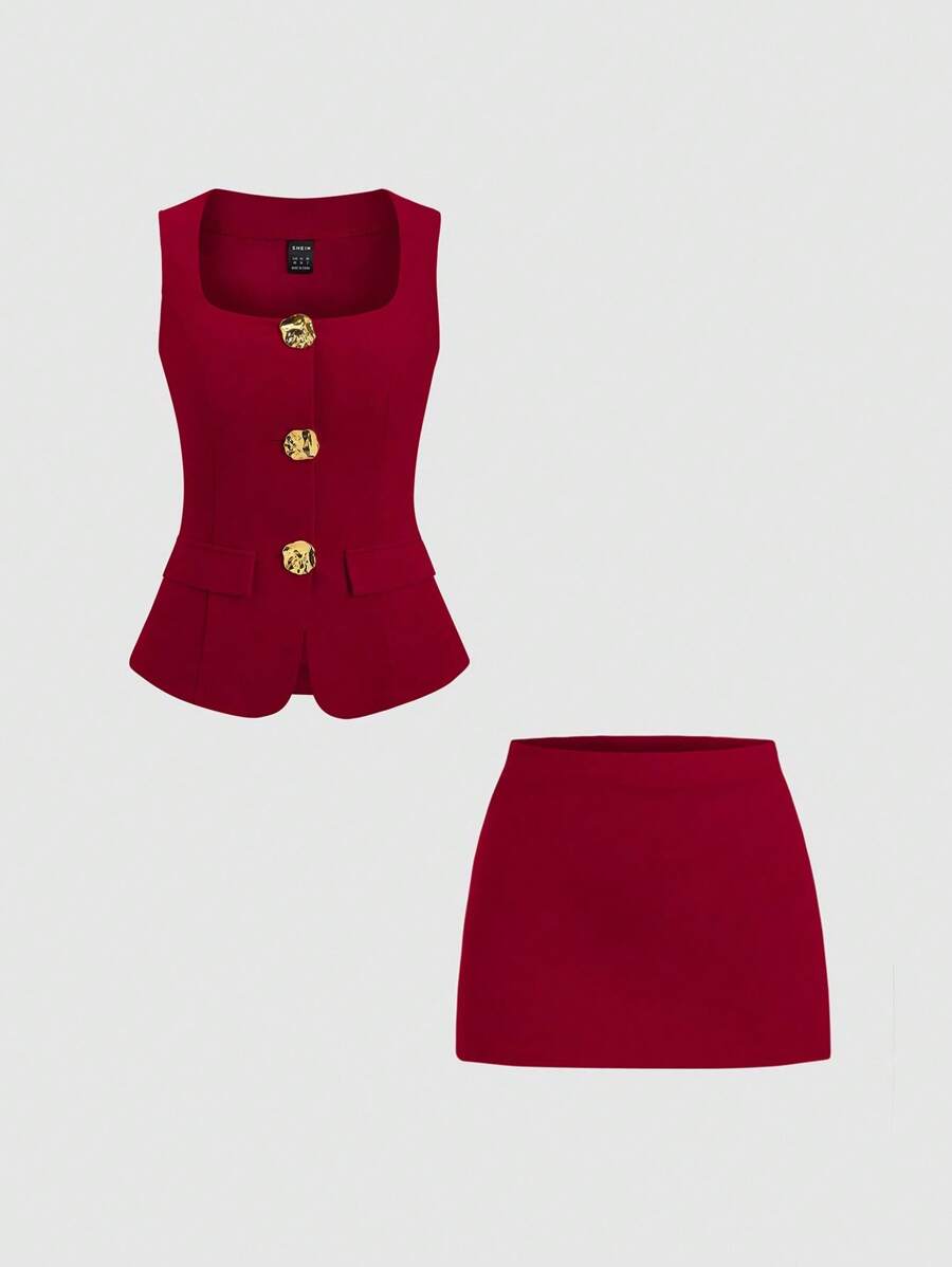 SHEIN PETITE 春夏休闲商务装方领高腰金扣短裙套装酒红色小码 - 酒紅色 - 查看 1