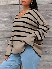 EURMUSE Plus Size Colorblock Striped Casual Sweater, Autumn/Winter - Mocha Brown - View 3