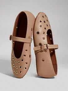 SHUZIA Elegant Ladies' Beige Pu Grommet Ballet Mary Jane Flat Round Toe Buckle Strap Casual Office Comfort Slip-On Spring Summer Vacay Shoes - Apricot - View 8