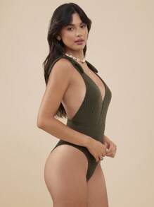 WESTFADE Traje de baño de una pieza con escote en V de punto waffle, tirantes con lazo, espalda baja y piernas altas que ofrece cobertura cheeky para verano, vacaciones y playa - Verde militar - Ver 4