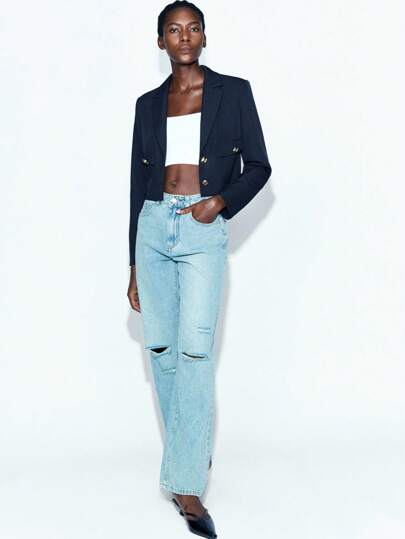 Maija Blazer corto de unicolor con cuello de solapa y manga larga para mujer, ropa de mujer de otoño