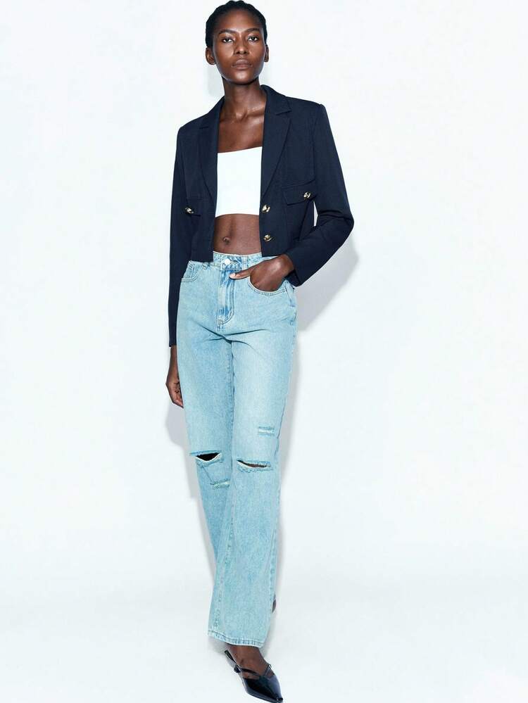 SHEIN Maija Women Solid Color Lapel NeckLong Sleeve Short Casual Blazer Cropped Blazer Women Blazers Women Blazers,Fall Women Clothes