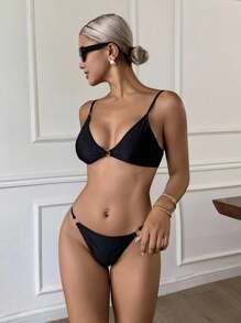 Livesso 女款夏季海灘純色性感比基尼泳衣套裝度假用 - 黑色 - 查看 4