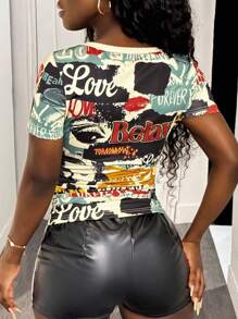 Slaydiva 2025新款夏季休闲街头运动音乐节热卖常规款方领短袖收腰褶皱全幅复古报纸人像印花杏色女士T恤 - 彩色 - 查看 2