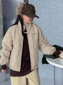 DAZY 青少年女孩格子绗缝韩版休闲街头长袖宽松棉服外套，冬季 - 米色 - 查看 3