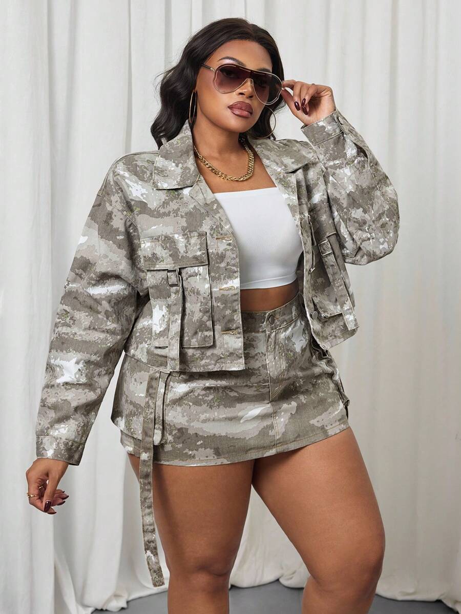 Slaydiva Plus Size Casual Camouflage Print Denim Jacket - Green - View 1