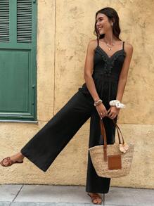 Serisse Women's Solid Color Splice Tassel Wide Leg Jumpsuit For Vacation Black Summer Casual Black Holiday Resort - Black - View 5