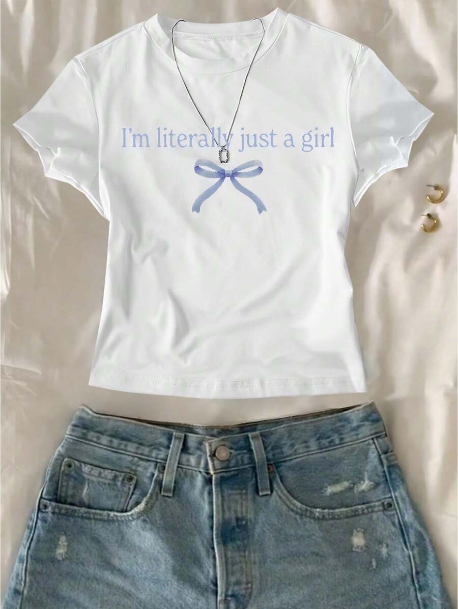 青少年女孩简单休闲英文字母图案短袖短款T恤，适合夏季 - 白色 - 查看 1