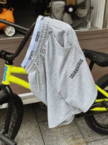 SHEIN Teenager Boys Casual Street Slogan Embroidery Sweatpants Shorts, Versatile & Comfortable, Suitable For Commuting, School, Daily Casual, Travel, Sports, Spring/Summer - Light Grey - View 2