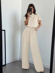 Firerie Bộ 2 món quần ống rộng dáng đứng thoải mái, thích hợp mặc thường ngày, đi làm và đi nghỉ, thanh lịch tối giản, cổ bèo nhún màu xanh lam, đa năng, mùa hè - Hồng - Xem 5