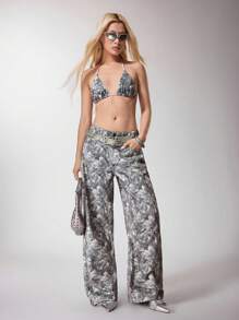 Y2Kool BiGraphic 女士宽松干叶纹理长裤街头朋克风格适合秋冬度假休闲派对秋冬音乐节音乐会女士波西米亚风秋冬长裤 Y2K 2000 年代返校俱乐部服装女士性感工装裤女士 - 彩色 - 查看 2