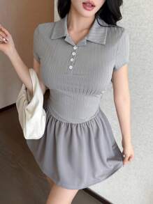 SHEIN LUNE Robe d'été ample à manches courtes et imprimé rayé pour femmes - Gris - Voir 3