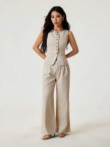 SHEIN PETITE 无袖开襟背心优雅西装和裤子套装 - 米色 - 查看 5